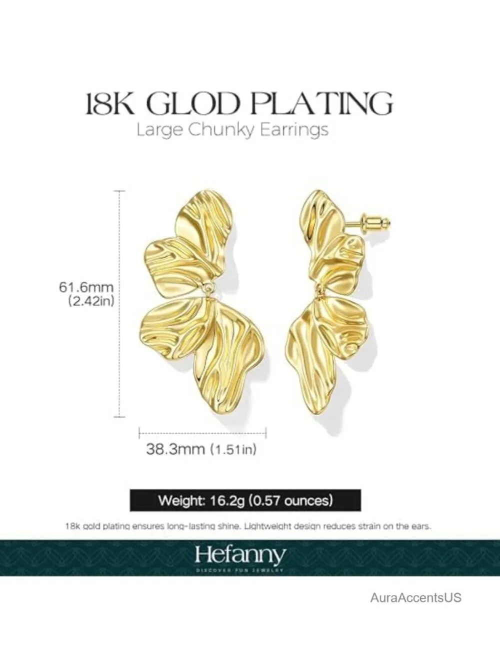 18K Gold Plated Statement Earrings for Women Hypoallergenic Stud Earrings